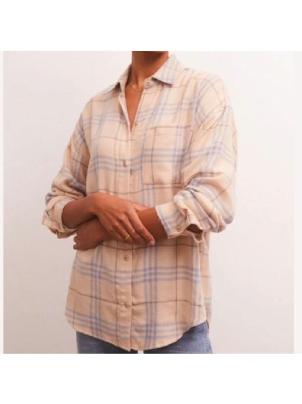 Z Supply River Plaid Long Sleeve Button Up Shirt in Birch Cozy Rustic
